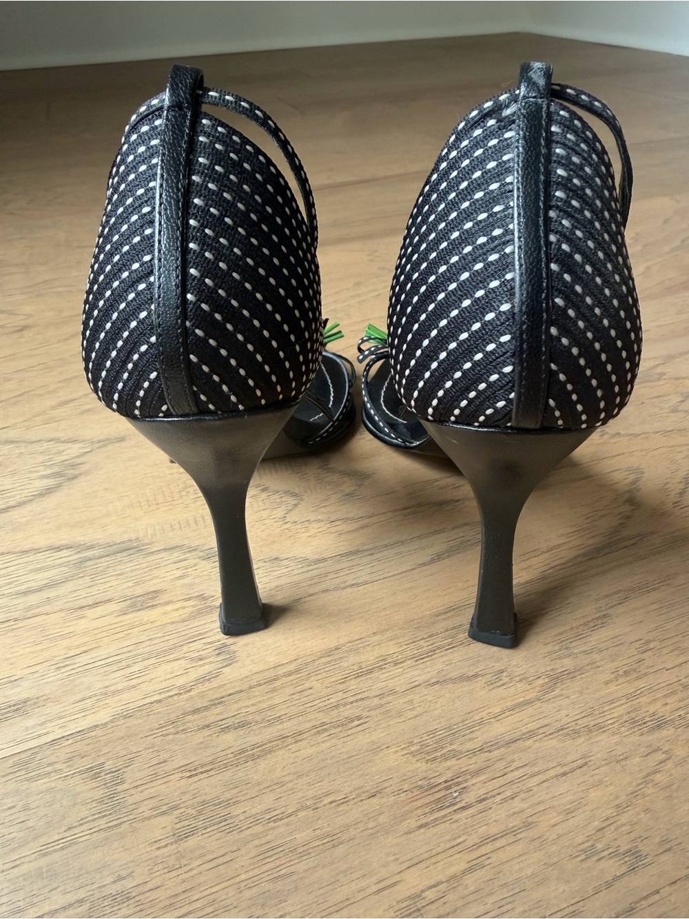 Colin Stuart Black Leather Floral Strap Heels with Pink & Yellow Accents - Picture 6 of 10